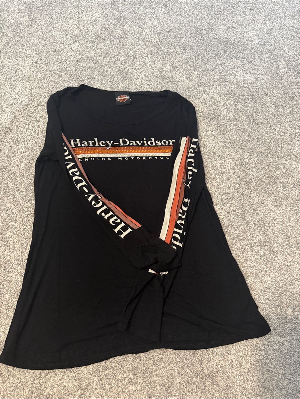Harley-Davidson Black Long Sleeve Tee with Orange and White Stripe Sleeves